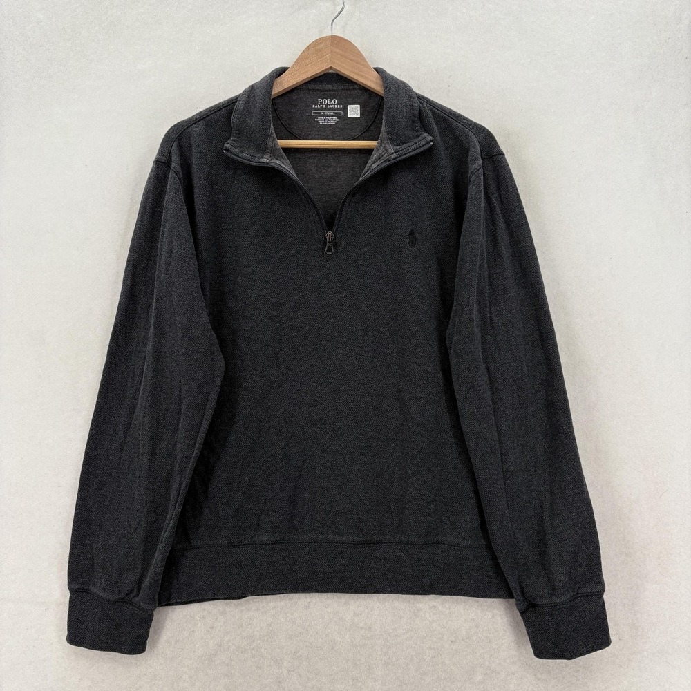 Polo Ralph Lauren Sweatshirt Mens Medium Gray Herringbone 1/4 Zip Pullover Knit